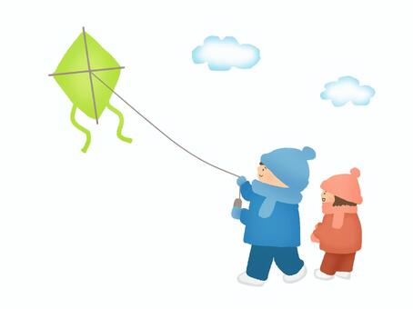 凧あげ 凧あげ,お正月,風物詩,縁起物,ひし形,遊び,子供,兄妹,青,赤のイラスト素材