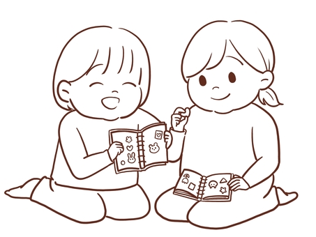 シール交換をする女の子達(色なし) 女の子,幼稚園児,幼児,小学生,低学年,子供,二人,可愛い,ほのぼの,笑顔のイラスト素材