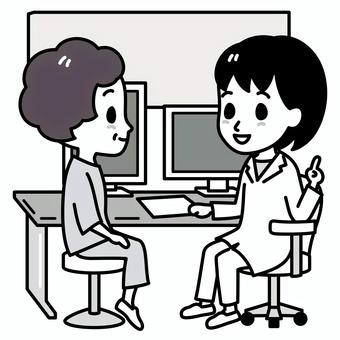 シニア女性患者を診察する女性医師　白黒 診察,白黒,医療,説明,シニア,女性,医者,女医,インフォームドコンセント,患者のイラスト素材