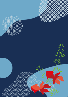 Modern Japanese navy blue vertical frame with goldfish and aquatic plants, goldfish, water plants, japanese modern, JPG, PNG and AI