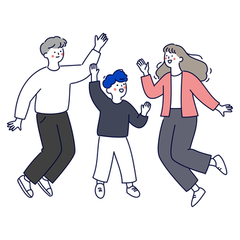 家族三人でジャンプしながらハイタッチ 家族,親子,父親,母親,男の子,子供,笑顔,ジャンプ,ハイタッチ,喜びのイラスト素材