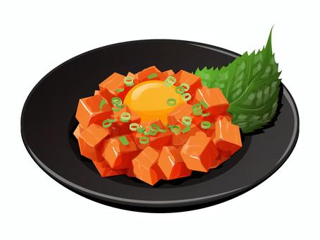 サーモンユッケ ユッケ,韓国料理,料理,食べ物,サーモン,刺身,卵,生卵,ネギ,大葉のイラスト素材