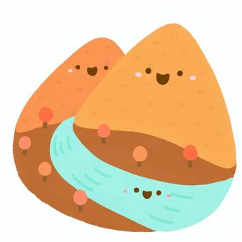 秋色の山と川たち•キャラクター 秋,山,川,秋色,顔,顔つき,顔あり,秋イメージ,キャラ,キャラクターのイラスト素材