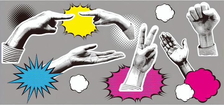 ポップな手のイラスト 手,ハンドサイン,指差し,グー,パー,ピース,漫画,コミック,ポップ,アメコミのイラスト素材