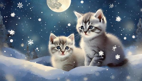 雪と月と2匹の猫の夜