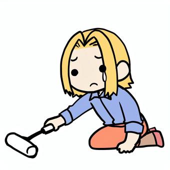 コロコロをかける泣く金髪女性 金髪,コロコロ,掃除,泣く,悲しい,不安,涙,怖い,恐怖,かけるのイラスト素材