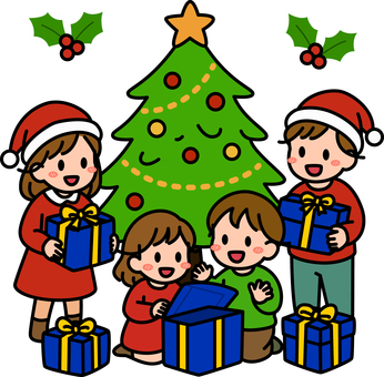 ネイビーのプレゼントを貰う子供たちです。 プレゼント,シンプル,ギフト,喜ぶ,受け取り,サプライズ,笑顔,贈り物,手渡し,お祝いのイラスト素材