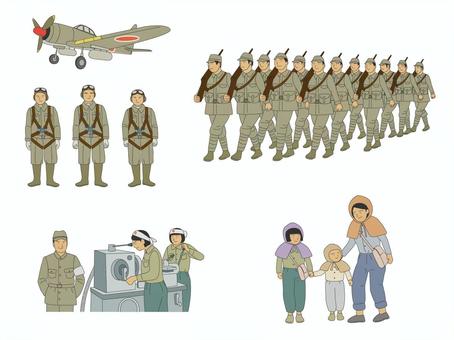 戦争と戦時下の生活 戦争,日本兵,市民,戦時中,太平洋戦争,特攻隊,軍需工場,空襲,防空頭巾,零戦のイラスト素材