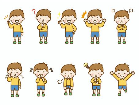 男の子ポーズセット 人物,小学生,案内,笑顔,全身,指差し,ハテナ,疑問,不思議,考えるのイラスト素材