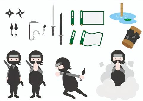 忍者のイラストセット 忍者,日本,手裏剣,くない,鎖鎌,刀,鞘,巻物,煙幕,忍術のイラスト素材