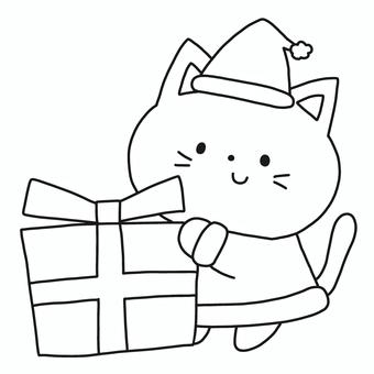 クリスマスプレゼントと猫 クリスマス,プレゼント,猫,動物,サンタ,帽子,冬,モノトーン,塗り絵,可愛いのイラスト素材