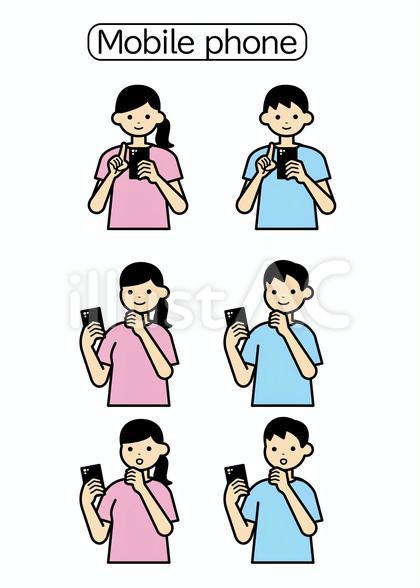 シンプルなケータイを操作する人物イラスト