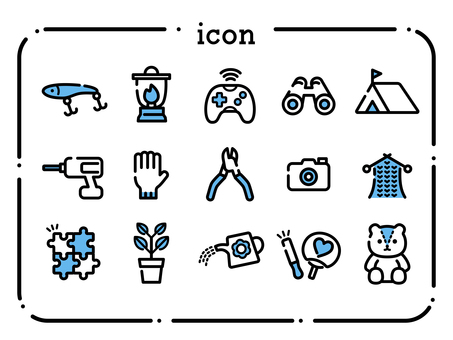 趣味のアイコンセット（色ありバージョン） 趣味,アイコン,diy,キャンプ,ルアー,手芸,推し活,ドリル,カメラ,撮影のイラスト素材