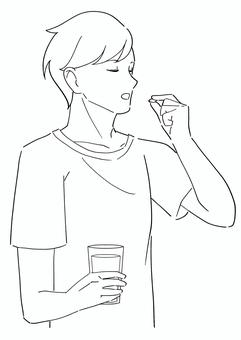 サプリを飲む男性の白黒イラスト 飲む,サプリメント,薬,男性,美容,ビューティー,ダイエット,健康,画像,白黒のイラスト素材