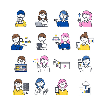 さまざまなIT職業女性のアイコンセット 人物,ビジネス,女性,パソコン,スマホ,作業,it,dx,テクノロジー,仕事のイラスト素材