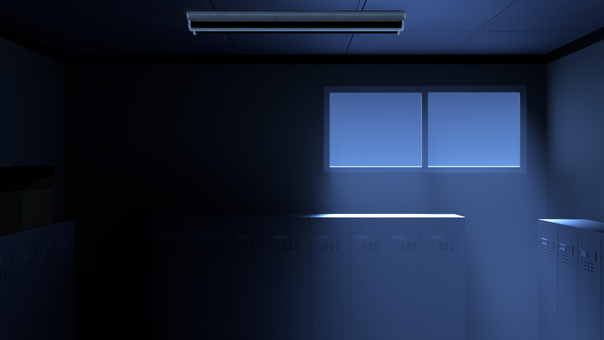 夜に光が差し込む静かな暗い部室 学校,ロッカールーム,更衣室,脱衣所,控え室,部室,ロッカー,着替え,部屋,室内のイラスト素材