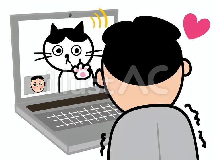  在宅ワーク PCに映りこむ猫に悶える上司 在宅,仕事,パソコンのイラスト素材