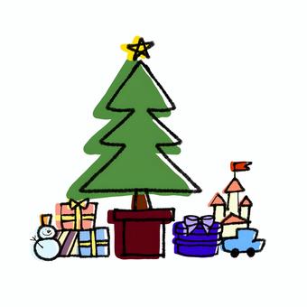 クリスマスツリーとプレゼントのイラスト クリスマス,クリスマスツリー,プレゼント,パーティ,かわいい,手描き,カラフル,１２月,冬,賑やかのイラスト素材