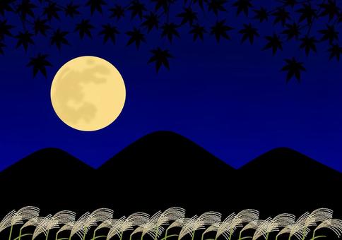 中秋の名月・十五夜と山と紅葉の秋の風景 黄金色,すすき,植物,夜,満月,十五夜,中秋,名月,秋,紅葉のイラスト素材