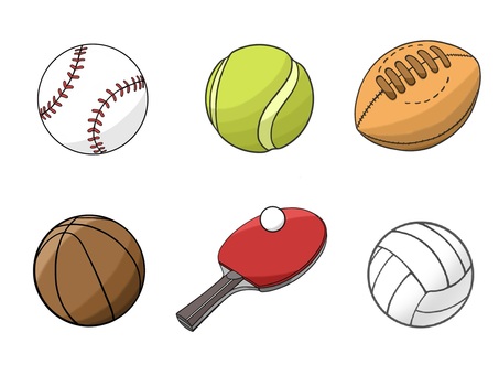 色々なスポーツのボールのアイコンセット バスケットボール,野球,テニス,ラグビー,卓球,スポーツ,ボール,運動,体育,道具のイラスト素材