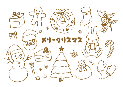 手描き-クリスマスセット-線画 クリスマス,ツリー,リースのイラスト素材