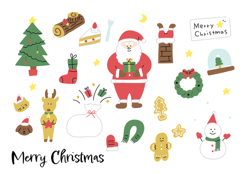 クリスマスの手描き風素材 クリスマス,サンタクロース,冬,12月,トナカイ,雪だるま,クリスマスツリー,プレゼント,袋,靴下のイラスト素材