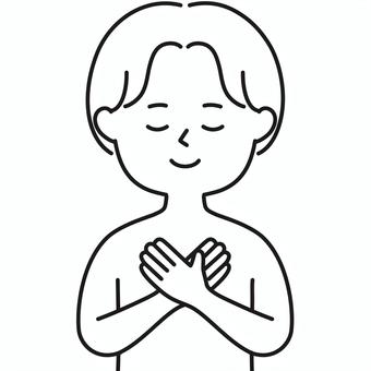 胸に手 上半身 胸両手裸_線画 CEM 男性,想い,感じる,願う,触る,手をあてる,胸,ハート,両手,心のイラスト素材