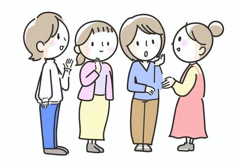 楽しく立ち話をする女性4人 人物,女性,4人,友達,友人,ママ友,ご近所,スカート,パンツスタイル,ワンピースのイラスト素材