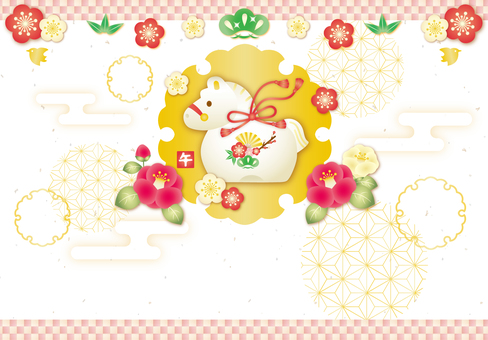 午年干支と椿の年賀状フレーム 年賀状,お正月,午年,梅,椿,花,和,キラキラ,かわいい,フレームのイラスト素材