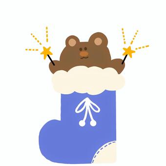 青いクリスマスソックスに入るクマ クリスマス,靴下,クリスマスソックス,くま,テディベア,動物,キャラクター,青,青い靴下,星のイラスト素材