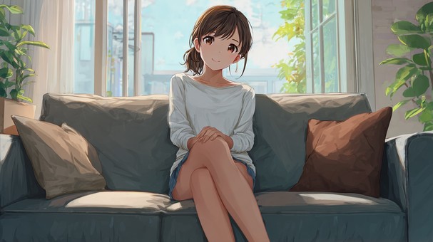 明るい部屋で座る女の子