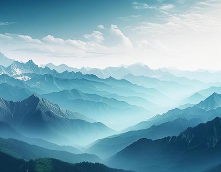 青いグラデーションが美しい山々の風景