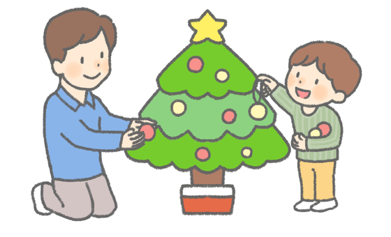 クリスマスツリーの飾り付けをする親子 クリスマス,クリスマスツリー,飾り付け,親子,父親,男性,子供,男の子,幼児,児童のイラスト素材