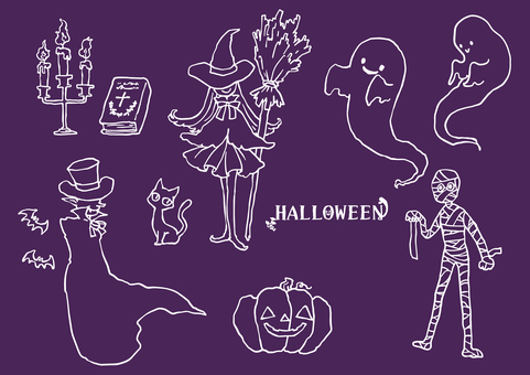 ペン画風ハロウィンの白線セット ハロウィン,秋,ハロウィーン,ジャックオランタン,かぼちゃ,ドラキュラ,吸血鬼,ヴァンパイア,魔女,魔法使いのイラスト素材