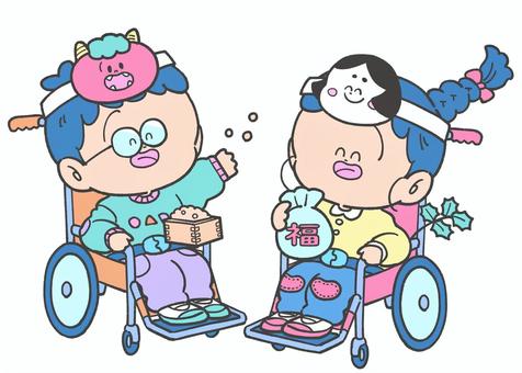 節分の手描きイラスト5 節分,車椅子,2月,豆まき,手描き,子ども,鬼,福の神,豆,かわいいのイラスト素材