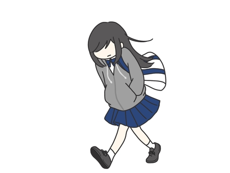 ポケットに手を入れ下を向いて歩く女の子 下,向く,歩く,歩いている,ポケット,パーカー,制服,中学生,高校生,女子のイラスト素材