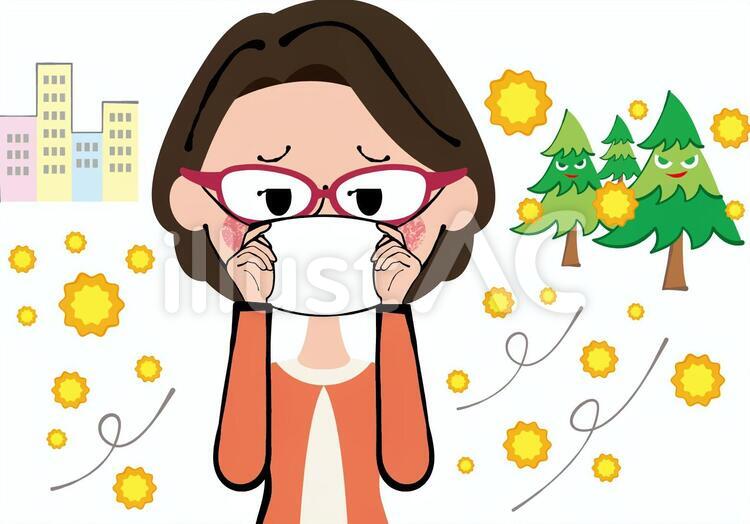 花粉症ぼーっとガーゼマスクメガネ中年女性 花粉症,女性,人物のイラスト素材