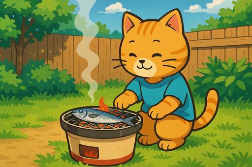 Cat grilling fish on a charcoal grill, cat, tiger cats, tambourine, JPG