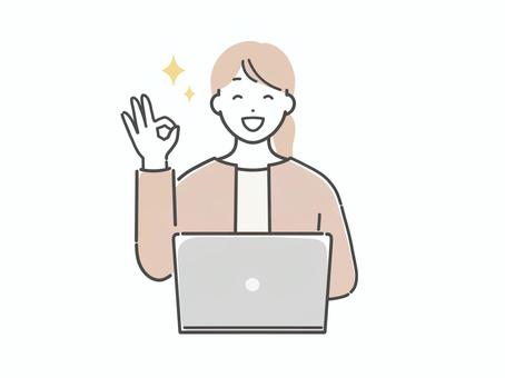 パソコンの前でOKする若い女性 女性,人物,若い,大人,パソコン,ok,了解,正解,完璧,丸のイラスト素材