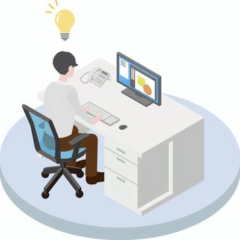 アイソメトリック_働く人②-9 アイソメトリック,オフィス,会社員,閃き,男性,アイデア,オフィスワーク,働く,仕事,アイソメのイラスト素材