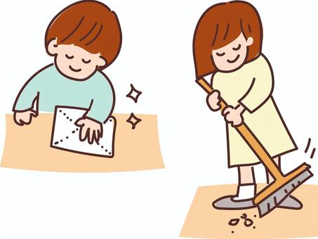 子どもの掃除 子供,掃除,拭き掃除,雑巾,掃き掃除,掃く,拭く,箒,ゴミ,ゴミ掃除のイラスト素材