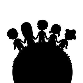 世界の子供達　シルエット　黒 地球,シルエット,黒人,白人,黄色人,女の子,男の子,手をつなぐ,世界,子供のイラスト素材