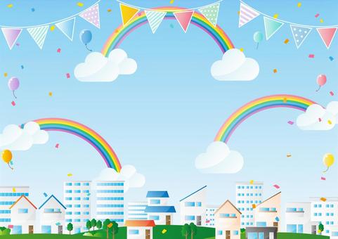 A cute rainbow over the blue sky and cityscape, street, family, building, JPG