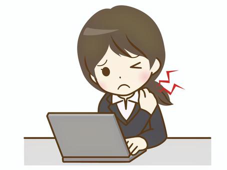 Young woman in a suit stiff shoulders on a computer, , JPG, PNG and AI