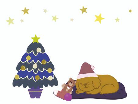 クリスマスプレゼントをもらうプードル プードル,犬,動物,ペット,家族,星,クリスマスツリー,サンタ帽,クマ,ぬいぐるみのイラスト素材