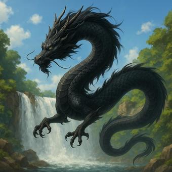 黒龍と滝 ― 昼間に舞う神秘の守護者