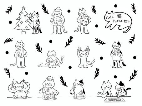 猫・クリスマスセット(モノクロ) 猫・クリスマスセット(モノクロ) 猫,クリスマス,パーティー,クリスマスツリー,飾り,デコレーション,クリスマスリース,サンタクロース,サンタ,衣装のイラスト素材