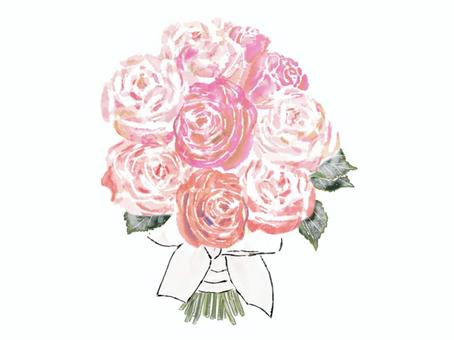 バラ　花束　ブーケ　水彩　ピンク　リボン 花束,バラ,ブーケ,リボン,ラウンド,シャクヤク,ウェディング,結婚式,フラワー,飾りのイラスト素材