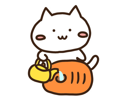湯たんぽにやかんでお湯注ぐかわいいねこ 湯たんぽ,やかん,お湯,動物,ねこ,暖かい,かわいい,手書き,ゆるい,シンプルのイラスト素材
