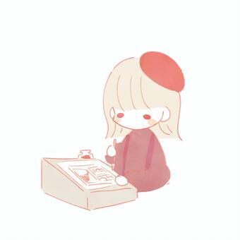 アナログ漫画を描く女性2 漫画,漫画家,丸ペン,gペン,女,シンプル,ゆるい,かわいい,トレース台,描くのイラスト素材